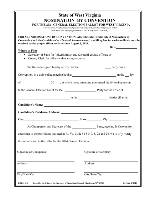 Form C-8 Nomination by Convention - West Virginia, 2024