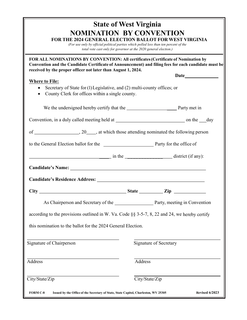 Form C-8 Nomination by Convention - West Virginia, Page 1