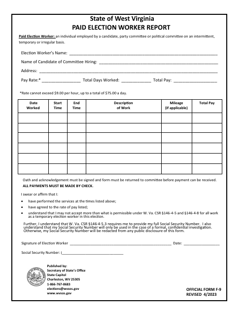 Official Form F-9 Paid Election Worker Report - West Virginia