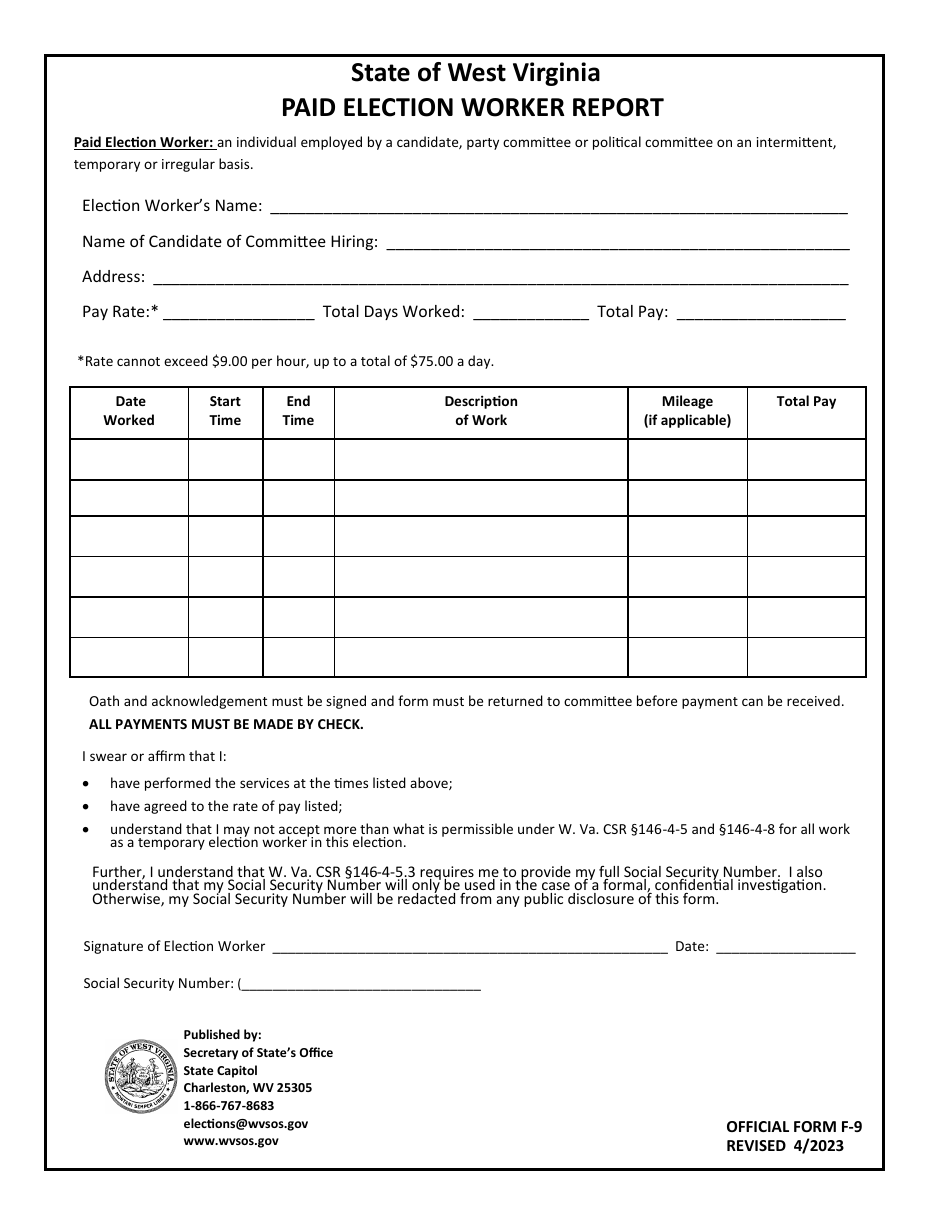 Official Form F-9 Paid Election Worker Report - West Virginia, Page 1