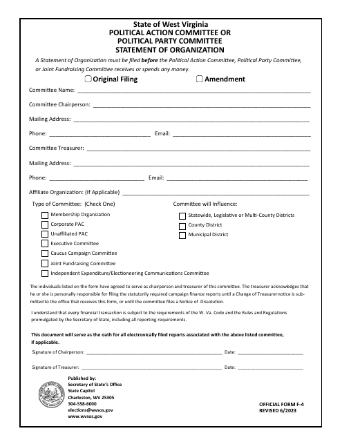 Official Form F-4 Political Action Committee or Political Party Committee Statement of Organization - West Virginia
