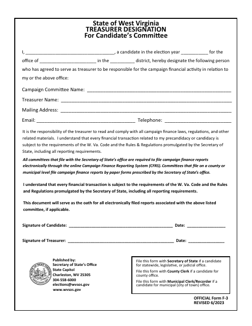 Official Form F-3 Treasurer Designation for Candidate's Committee - West Virginia