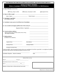Document preview: Official Form C-7 Write-In Candidate's Certificate of Announcement for Elections - West Virginia, 2024