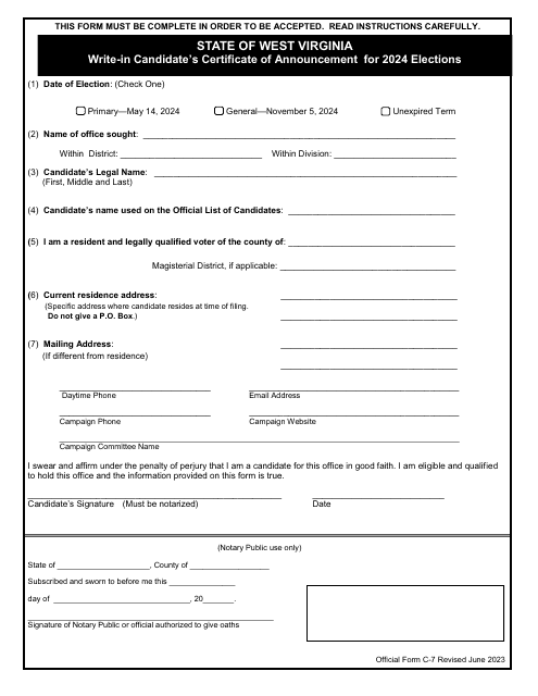 Official Form C-7 Write-In Candidate's Certificate of Announcement for Elections - West Virginia, 2024