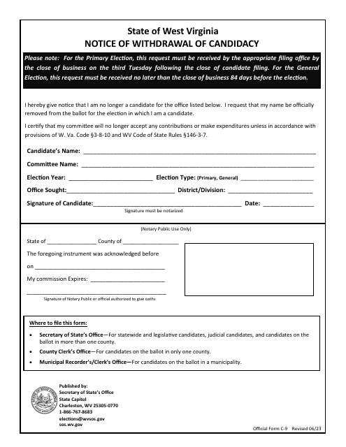 Official Form C-9 Notice of Withdrawal of Candidacy - West Virginia