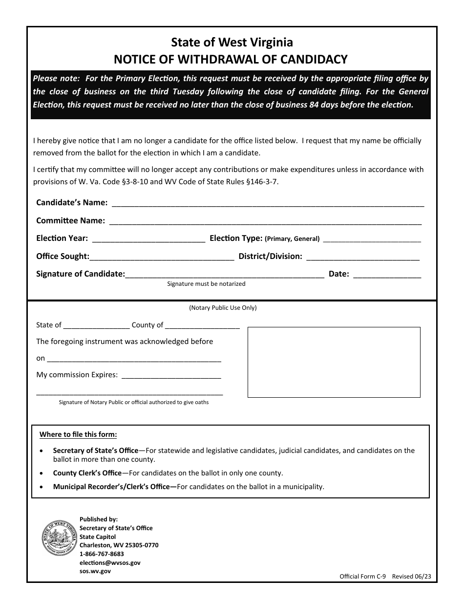 Official Form C-9 Notice of Withdrawal of Candidacy - West Virginia, Page 1