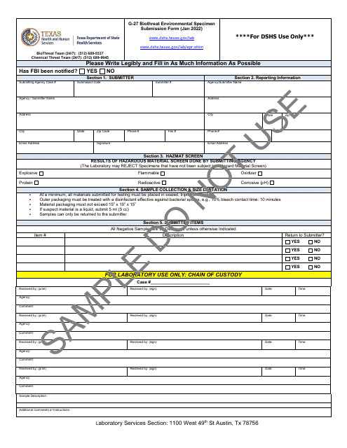 Form G-27 Biothreat Environmental Specimen Submission Form - Sample - Texas