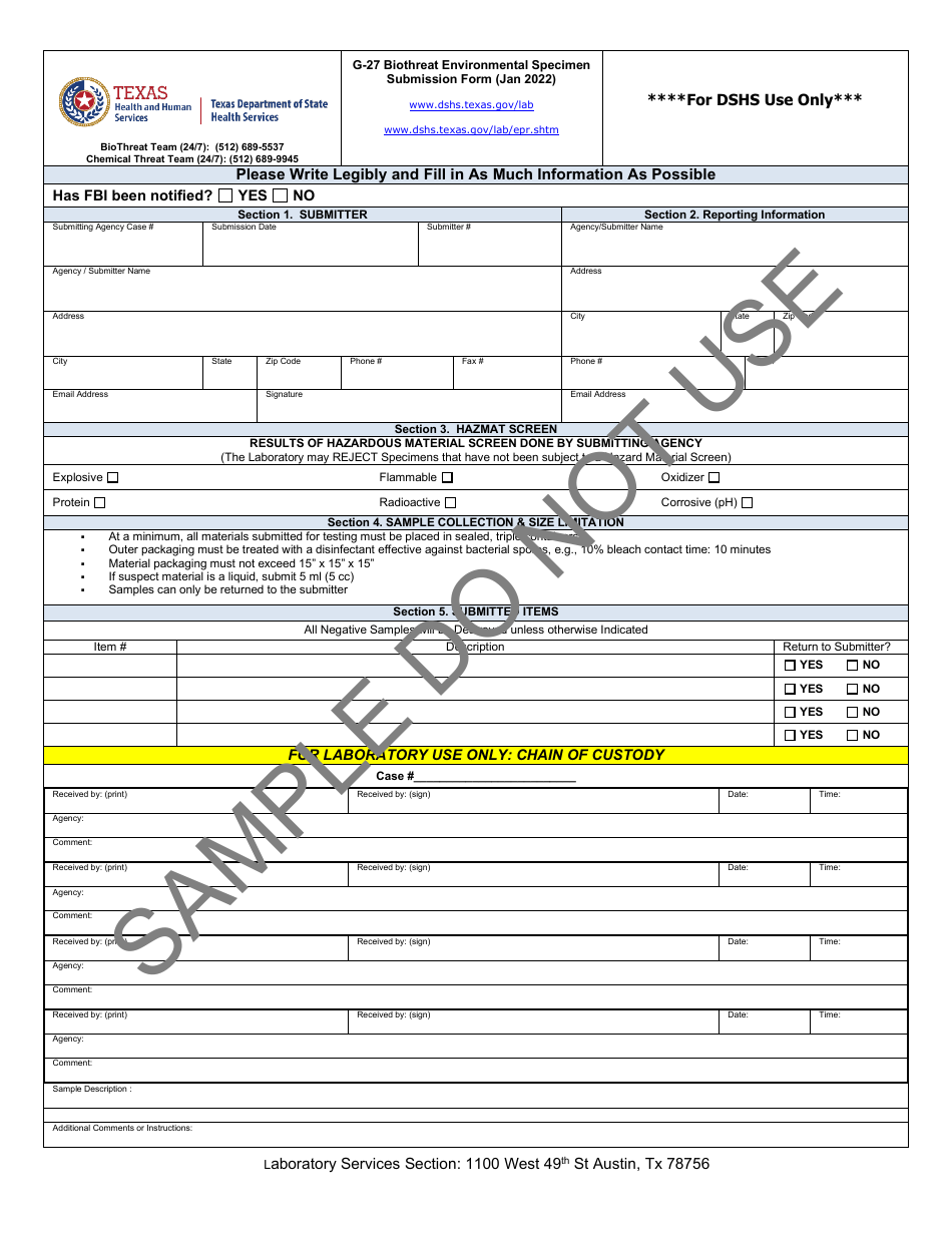 Form G-27 Download Printable PDF Or Fill Online Biothreat Environmental ...