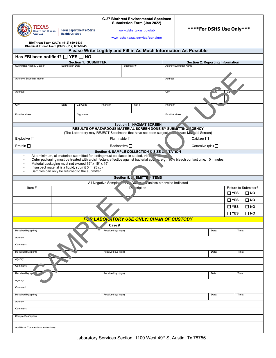 Form G-27 Biothreat Environmental Specimen Submission Form - Sample - Texas, Page 1