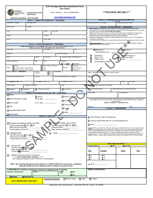 Form G-2V Virology Specimen Submission Form - Sample - Texas