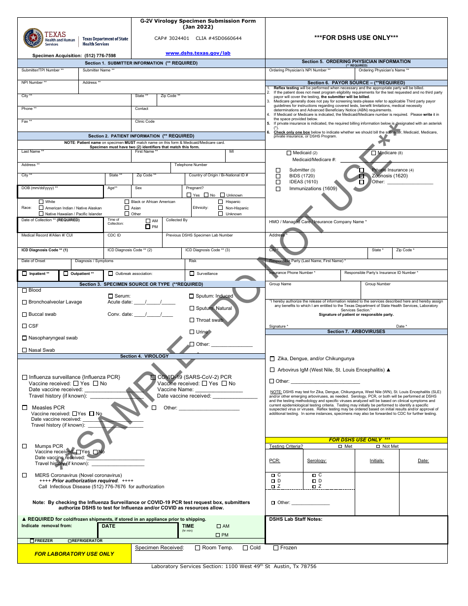 Form G-2V Virology Specimen Submission Form - Sample - Texas, Page 1