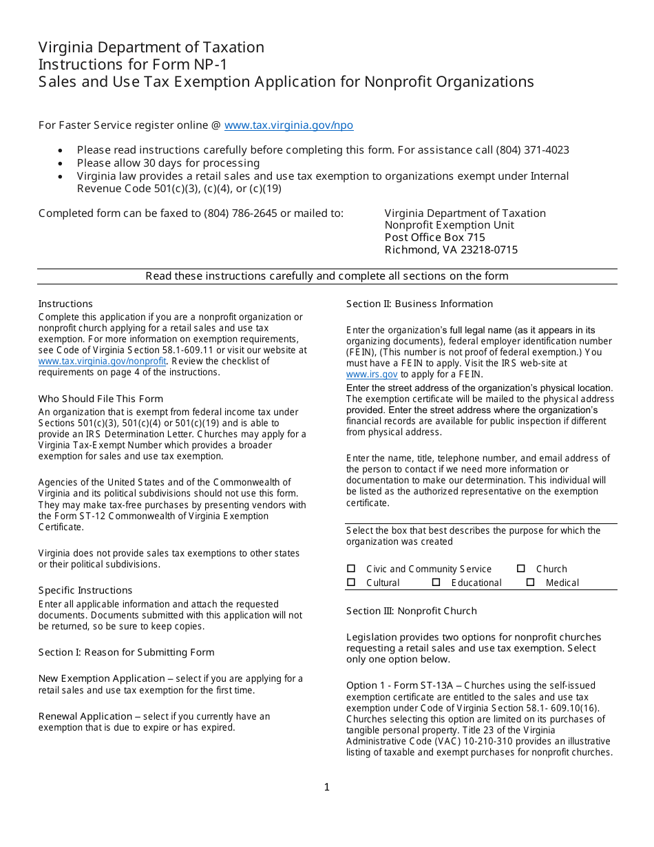 Instructions for Form NP-1 Sales and Use Tax Exemption Application for Nonprofit Organizations - Virginia, Page 1
