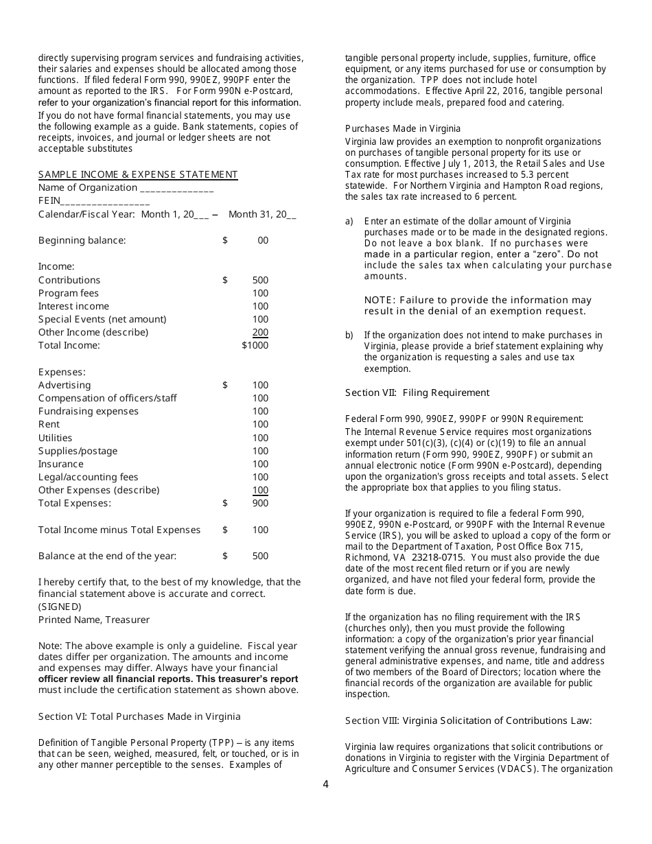 Instructions for Form NP-1 Sales and Use Tax Exemption Application for Nonprofit Organizations - Virginia, Page 4
