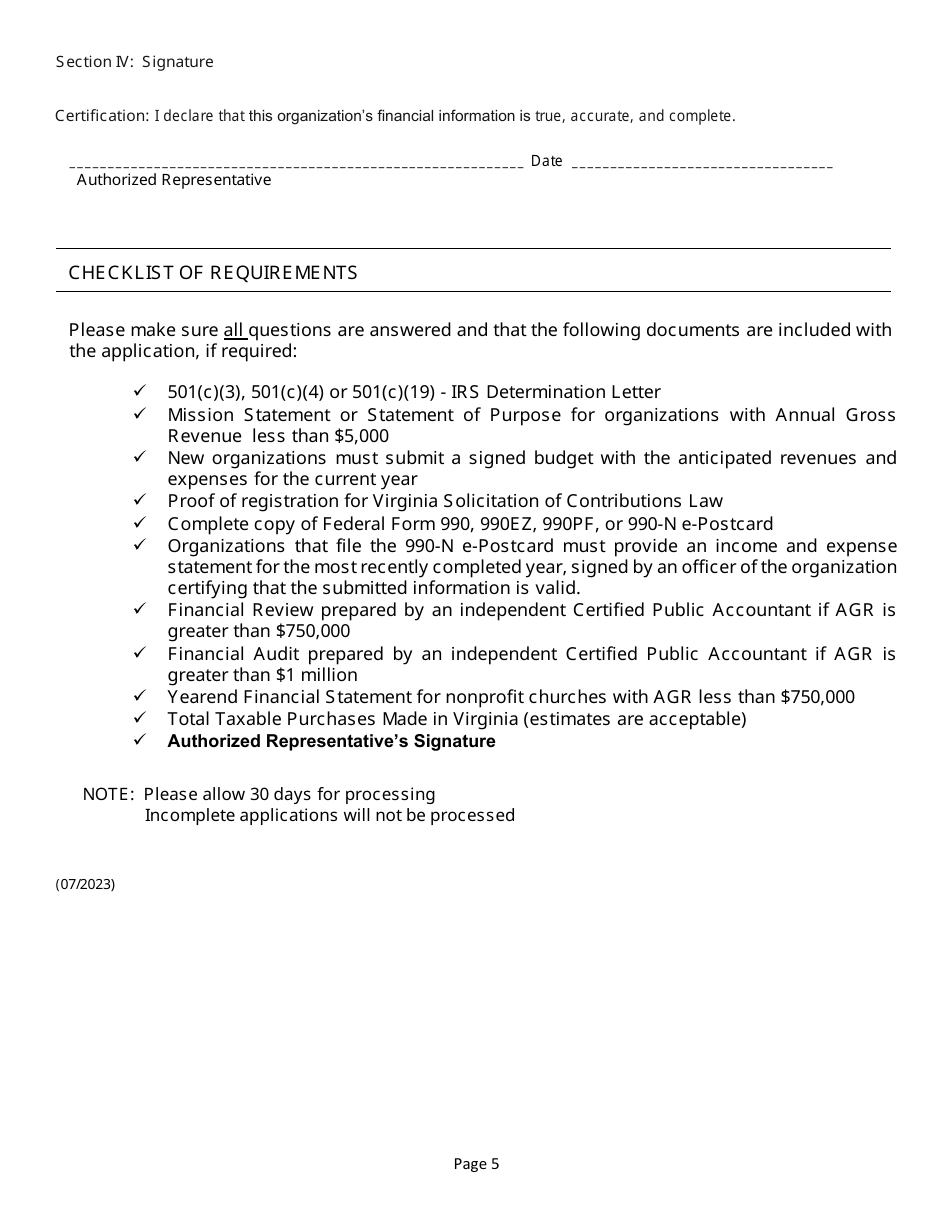 Form NP-1 Sales and Use Tax Exemption Application for Nonprofit Organizations - Virginia, Page 5