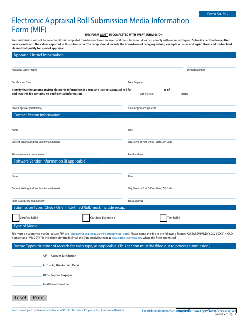 Form 50-792 Electronic Appraisal Roll Submission Media Information Form (Mif) - Texas