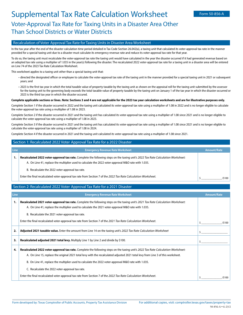 Form 50-856-A Supplemental Tax Rate Calculation Worksheet - Voter-Approval Tax Rate for Taxing Units in a Disaster Area Other Than School Districts or Water Districts - Texas, Page 1