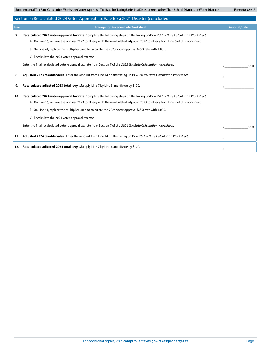 Form 50-856-A Supplemental Tax Rate Calculation Worksheet - Voter-Approval Tax Rate for Taxing Units in a Disaster Area Other Than School Districts or Water Districts - Texas, Page 3