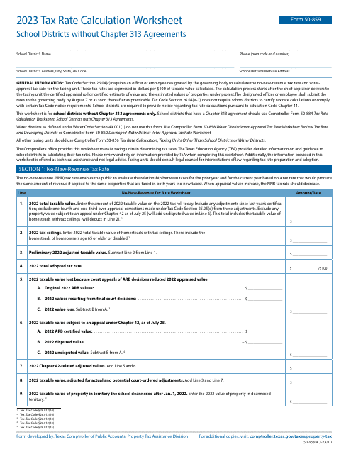 Form 50-859 Tax Rate Calculation Worksheet - School Districts Without Chapter 313 Agreements - Texas, 2023