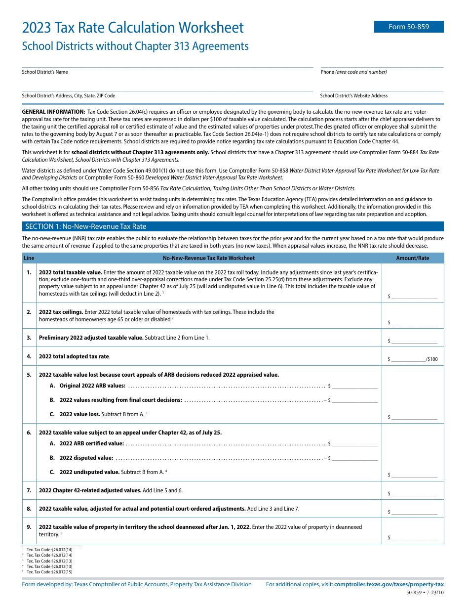 Form 50-859 Tax Rate Calculation Worksheet - School Districts Without Chapter 313 Agreements - Texas, Page 1