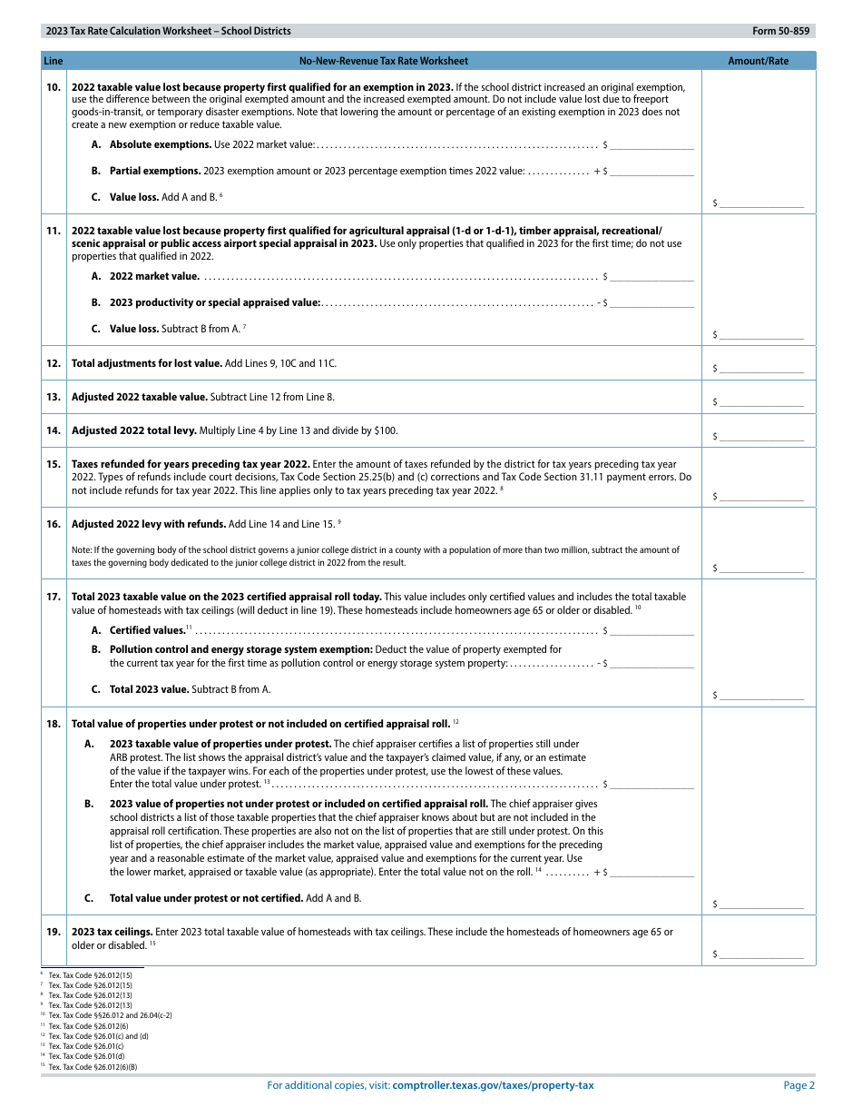 Form 50-859 Tax Rate Calculation Worksheet - School Districts Without Chapter 313 Agreements - Texas, Page 2
