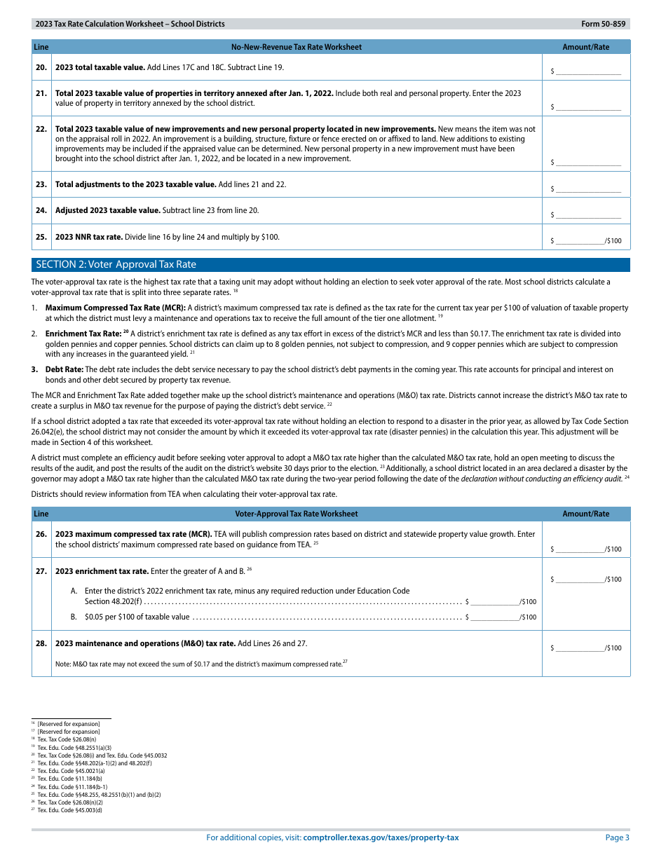 Form 50-859 Tax Rate Calculation Worksheet - School Districts Without Chapter 313 Agreements - Texas, Page 3