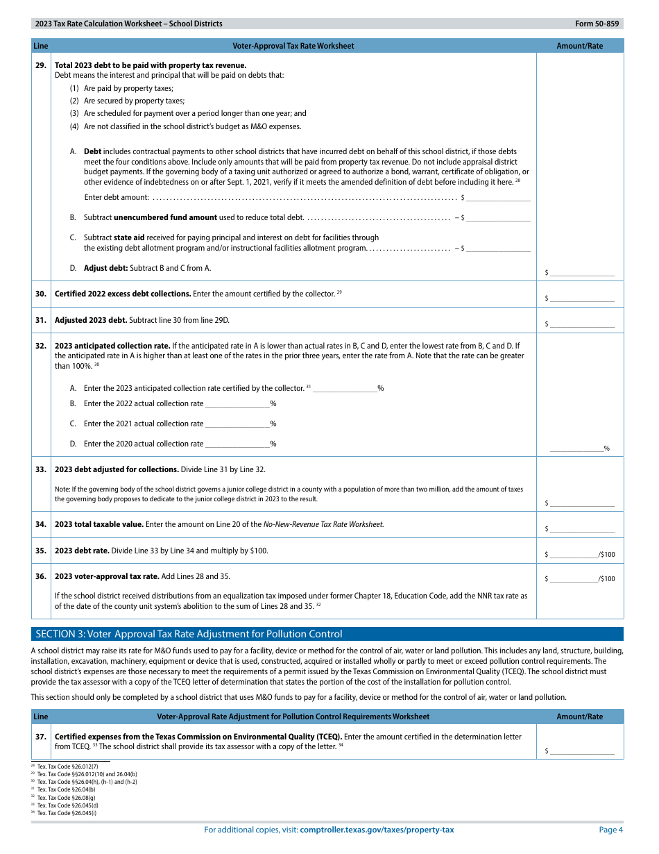 Form 50-859 Tax Rate Calculation Worksheet - School Districts Without Chapter 313 Agreements - Texas, Page 4