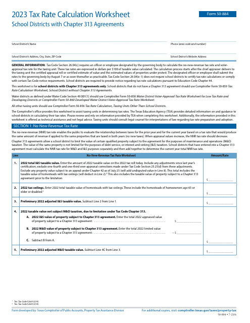 Form 50-884 Tax Rate Calculation Worksheet - School Districts With Chapter 313 Agreements - Texas, 2023