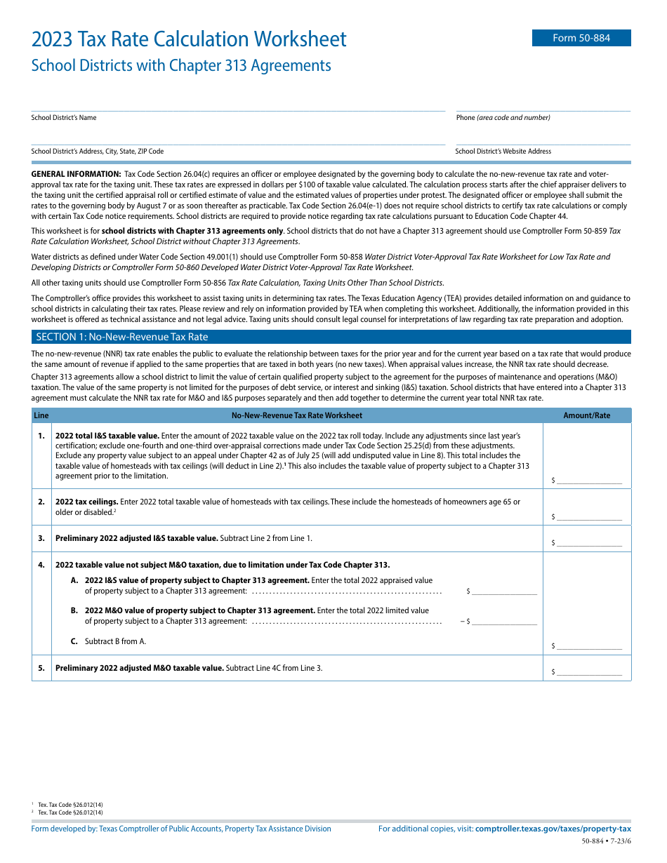 Form 50-884 Tax Rate Calculation Worksheet - School Districts With Chapter 313 Agreements - Texas, Page 1