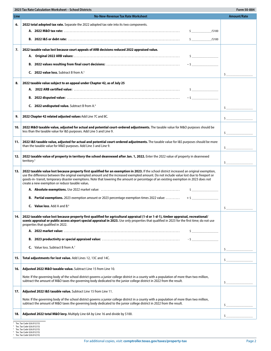 Form 50-884 Tax Rate Calculation Worksheet - School Districts With Chapter 313 Agreements - Texas, Page 2