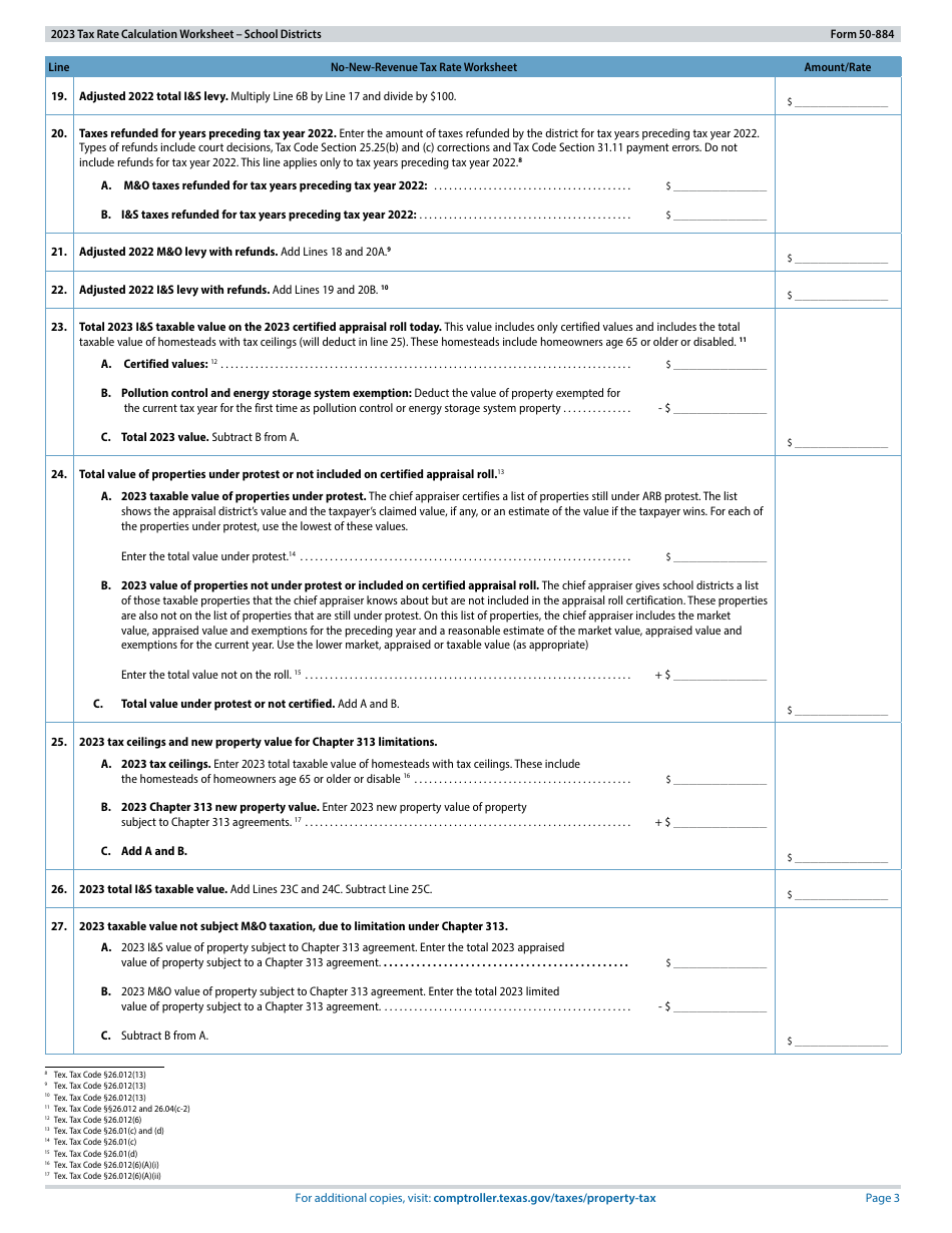 Form 50-884 Tax Rate Calculation Worksheet - School Districts With Chapter 313 Agreements - Texas, Page 3