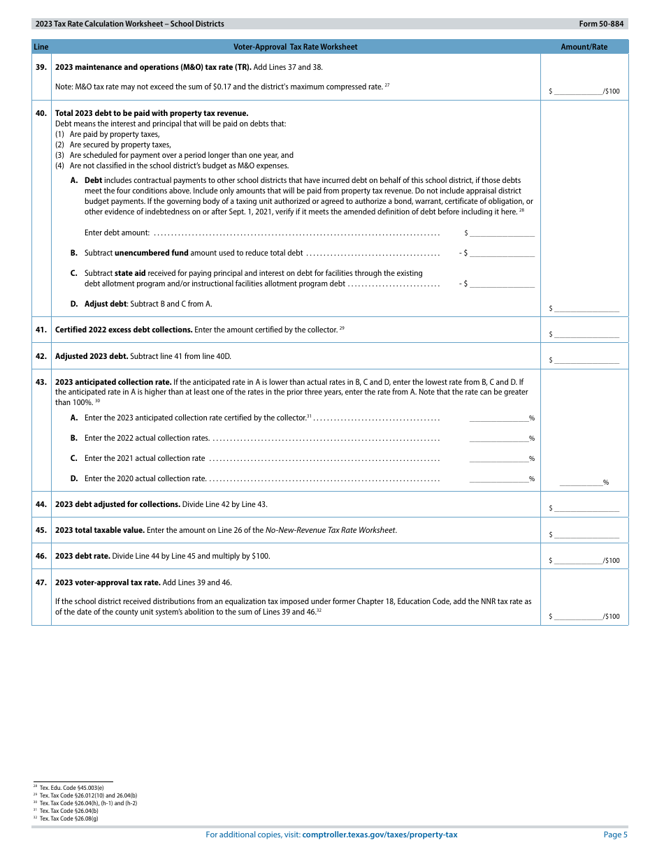 Form 50-884 Tax Rate Calculation Worksheet - School Districts With Chapter 313 Agreements - Texas, Page 5