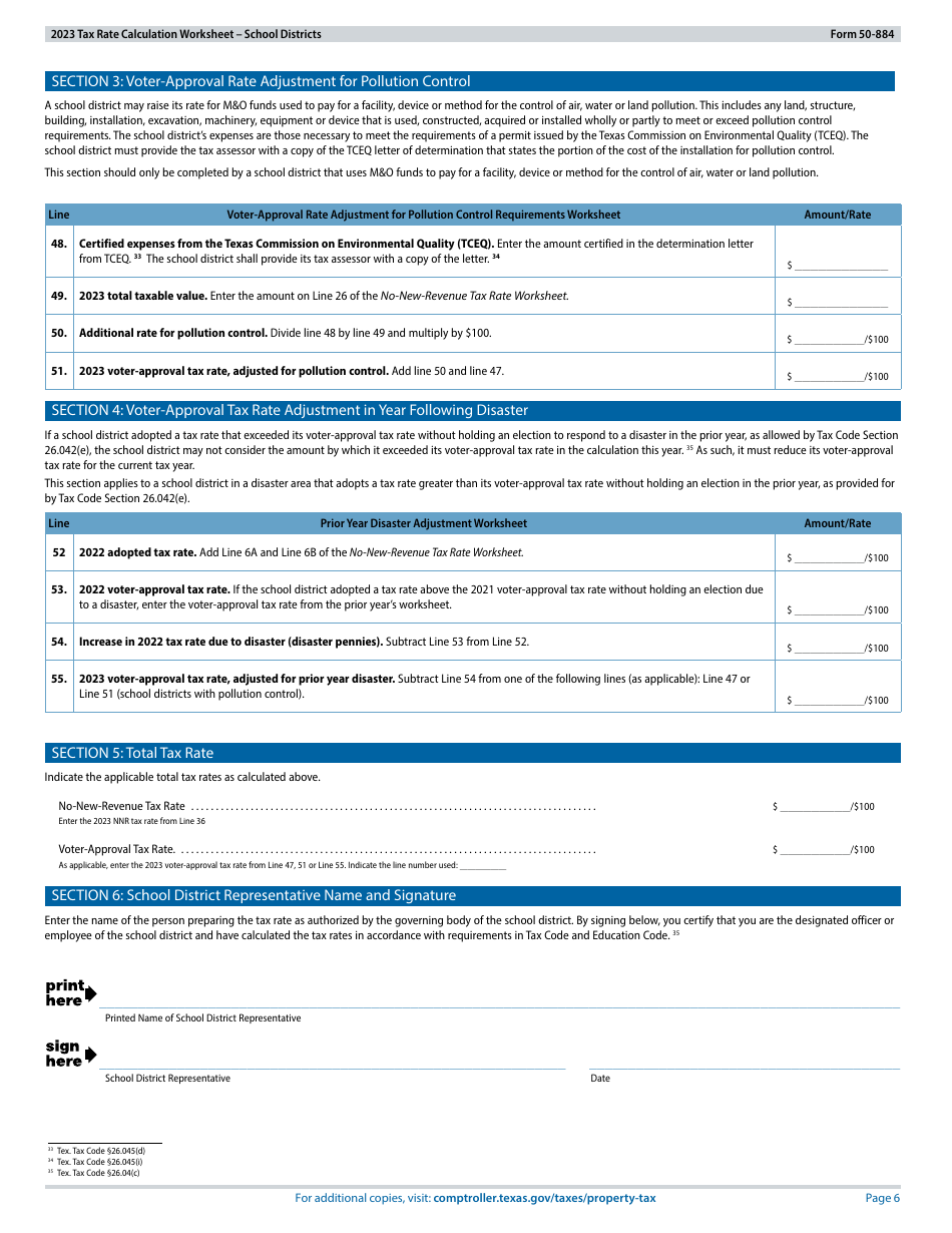 Form 50-884 Tax Rate Calculation Worksheet - School Districts With Chapter 313 Agreements - Texas, Page 6