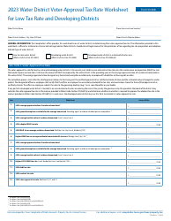 Document preview: Form 50-858 Water District Voter-Approval Tax Rate Worksheet for Low Tax Rate and Developing Districts - Texas, 2023
