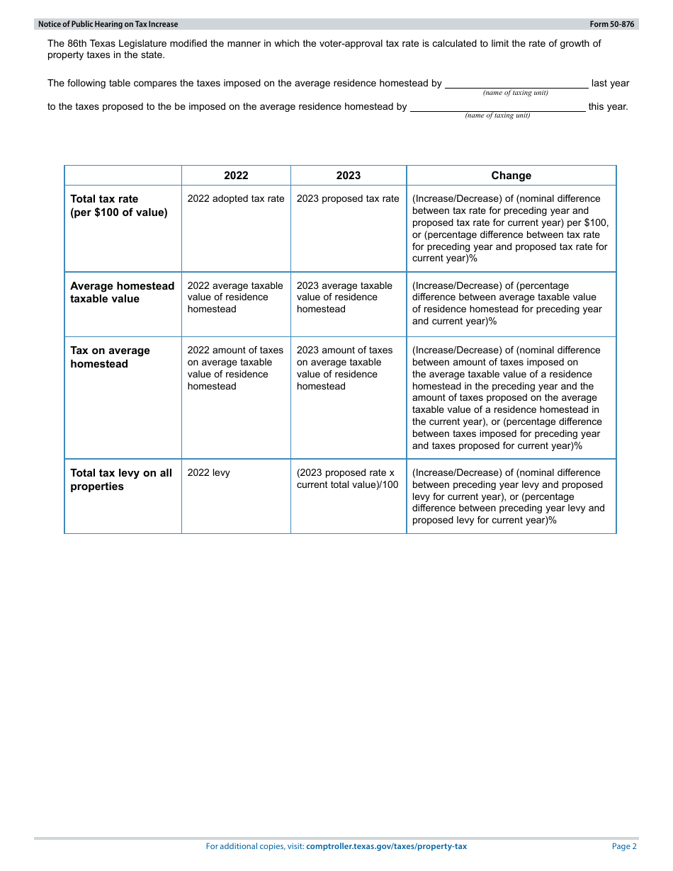 Form 50-876 Notice of Public Hearing on Tax Increase - Proposed Rate Exceeds No-New-Revenue, but Not Voter-Approval Tax Rate - Texas, Page 2