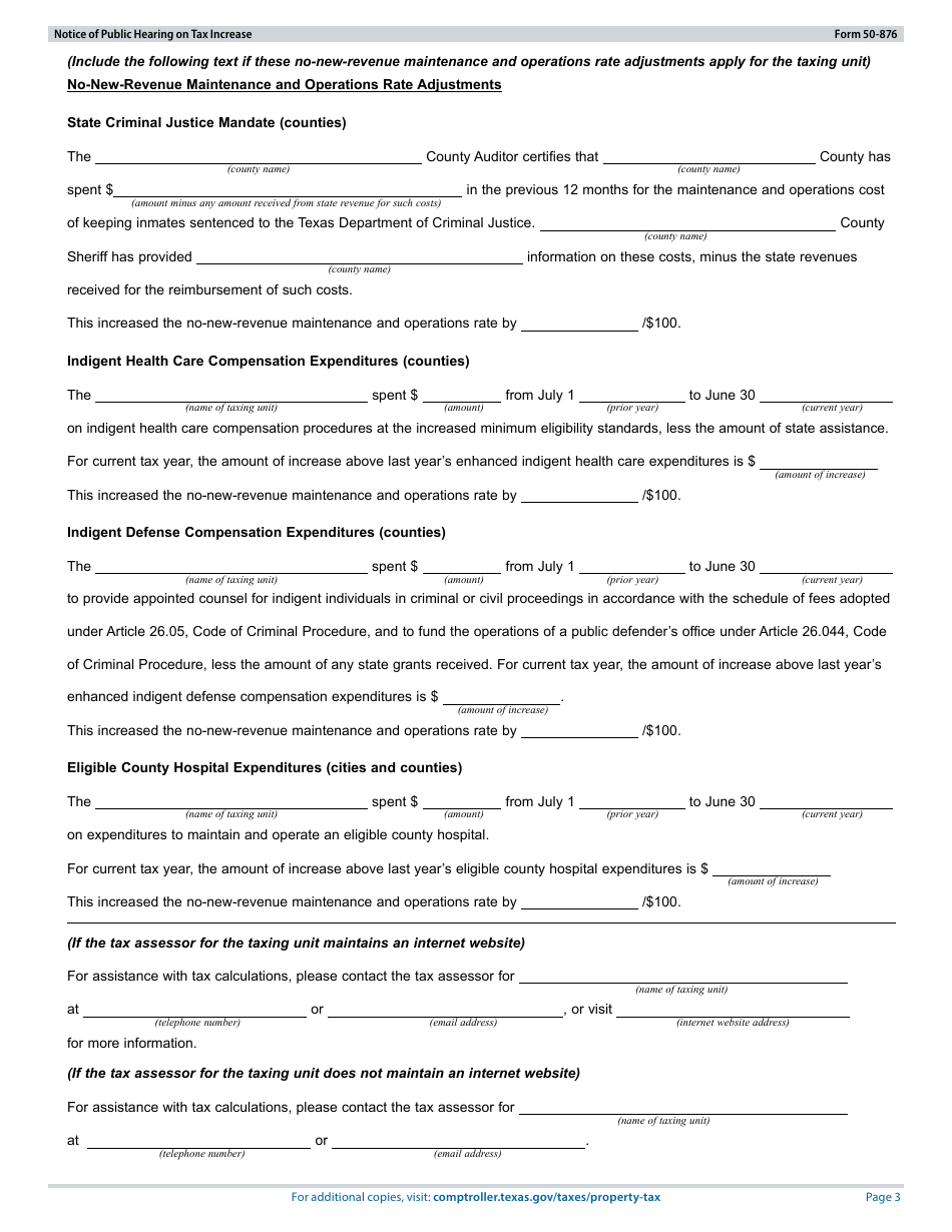 Form 50-876 Notice of Public Hearing on Tax Increase - Proposed Rate Exceeds No-New-Revenue, but Not Voter-Approval Tax Rate - Texas, Page 3