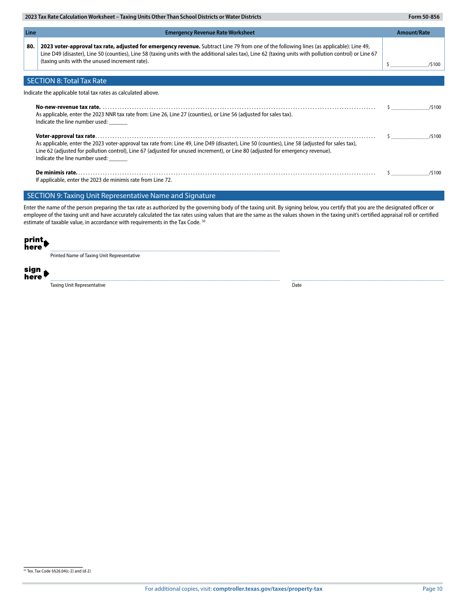 Form 50-856 Tax Rate Calculation Worksheet - Taxing Units Other Than School Districts or Water Districts - Texas, Page 10