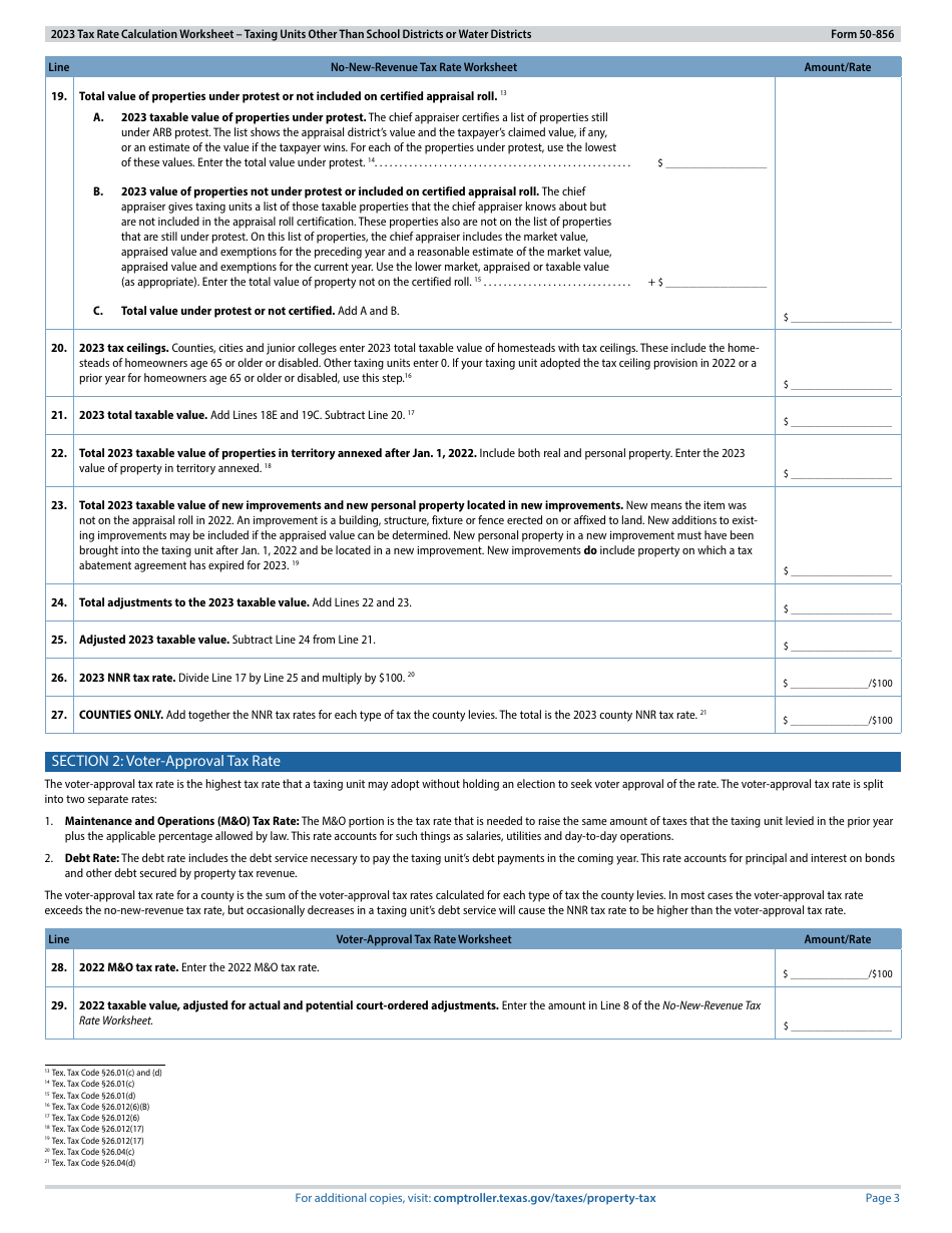 Form 50-856 Tax Rate Calculation Worksheet - Taxing Units Other Than School Districts or Water Districts - Texas, Page 3