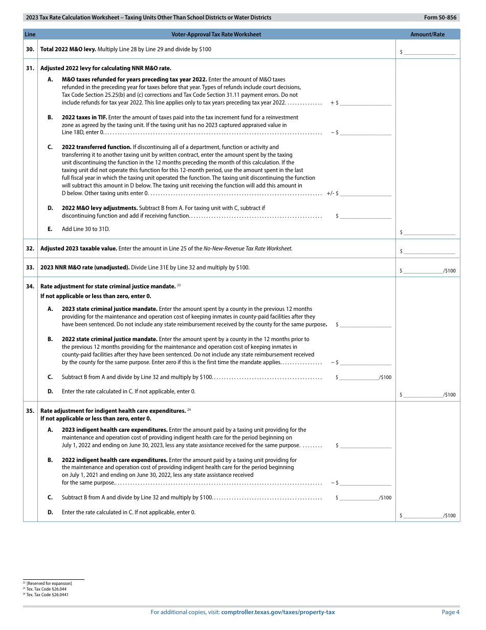 Form 50-856 Tax Rate Calculation Worksheet - Taxing Units Other Than School Districts or Water Districts - Texas, Page 4