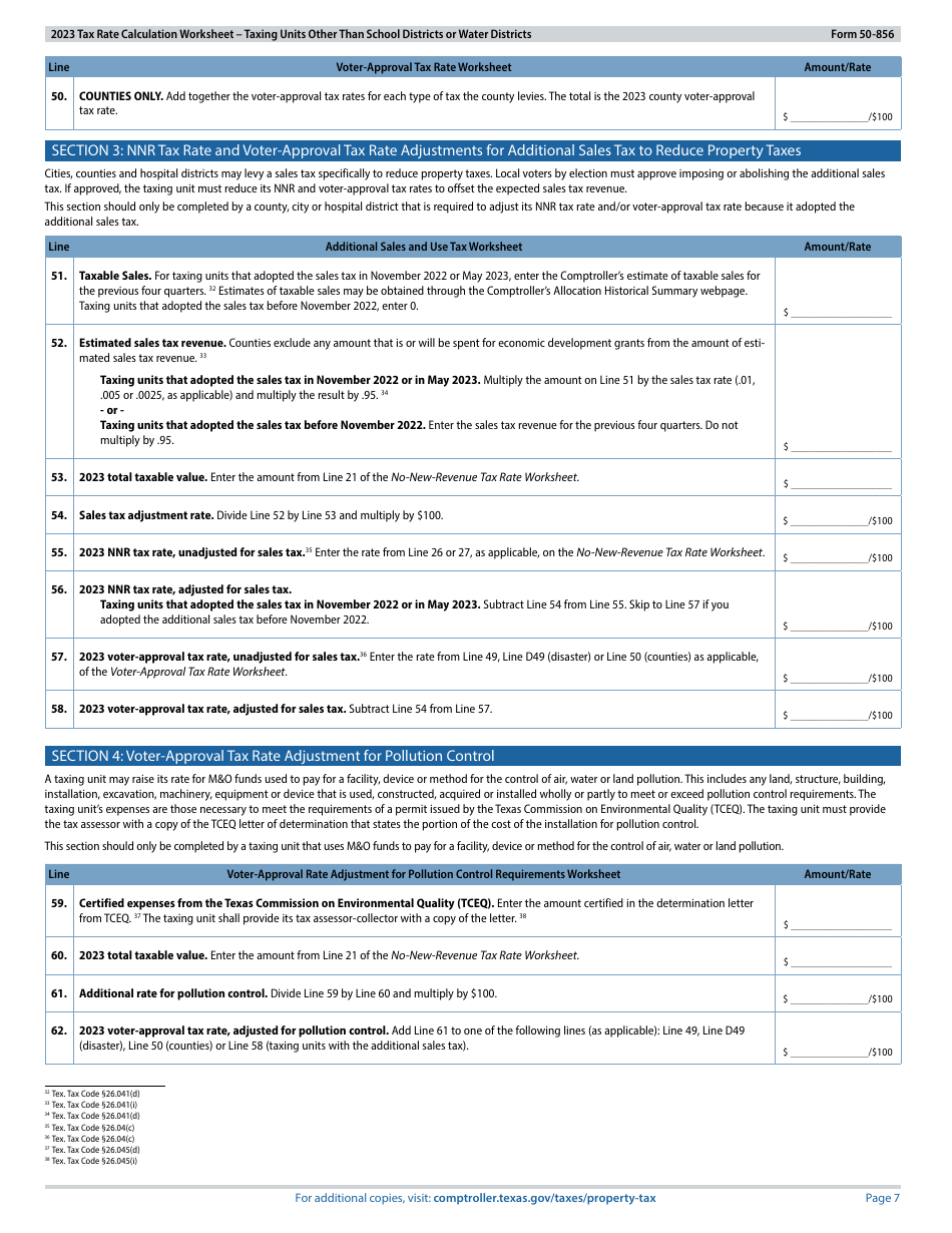 Form 50-856 Tax Rate Calculation Worksheet - Taxing Units Other Than School Districts or Water Districts - Texas, Page 7