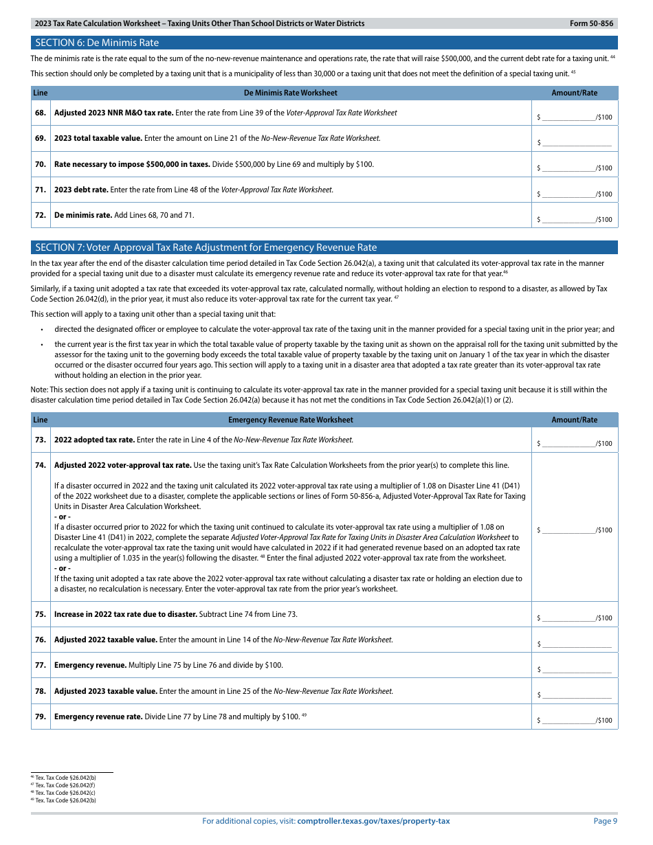 Form 50-856 Tax Rate Calculation Worksheet - Taxing Units Other Than School Districts or Water Districts - Texas, Page 9