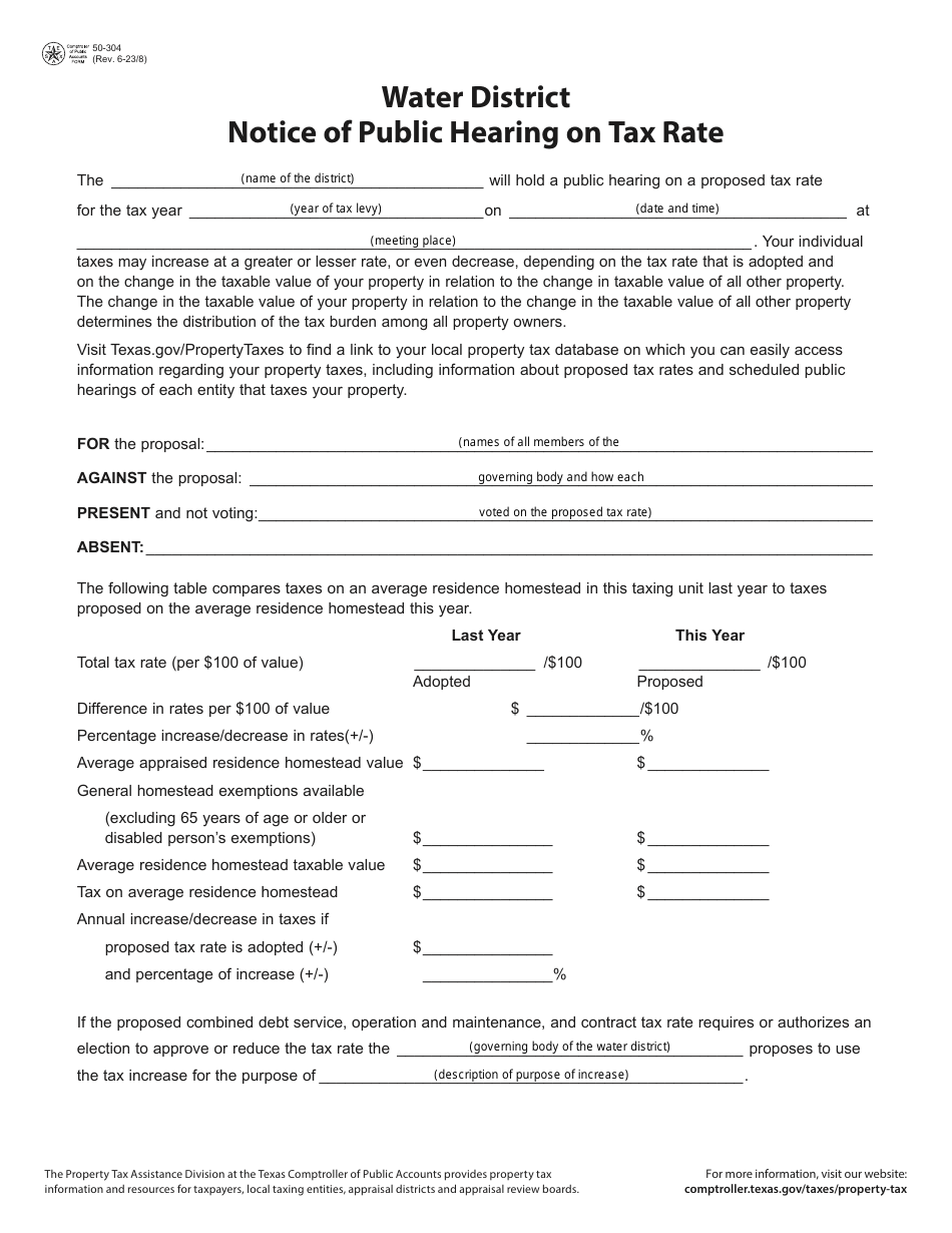 Form 50-304 Water District Notice of Public Hearing on Tax Rate - Texas, Page 1