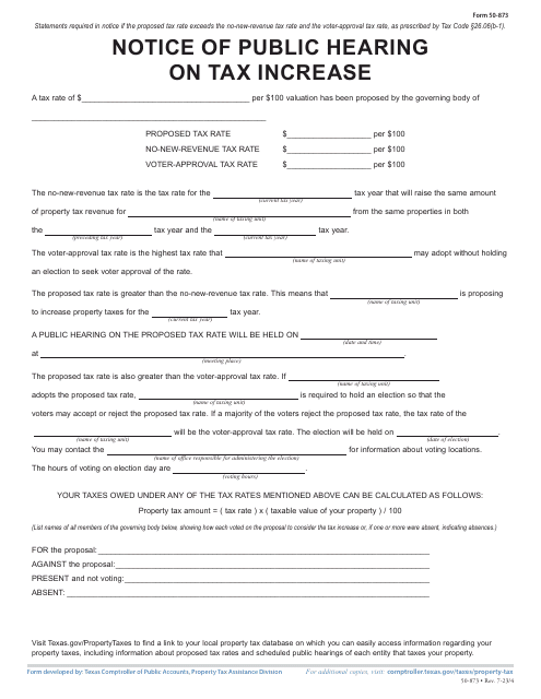 Form 50-873 Notice of Public Hearing on Tax Increase - Proposed Rate Exceeds No-New-Revenue and Voter-Approval Tax Rate - Texas, 2023
