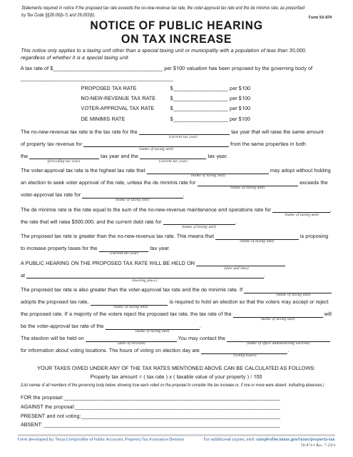 Form 50-874 Notice of Public Hearing on Tax Increase - Proposed Rate Greater Than Voter-Approval Tax Rate and De Minimis Rate - Texas, 2023