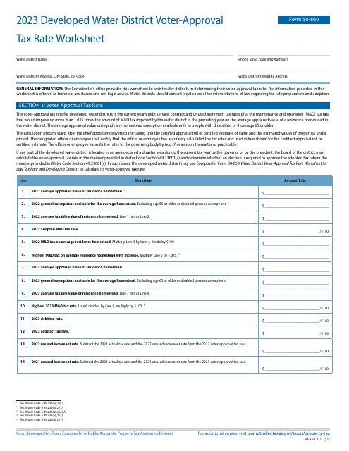 Form 50-860 Developed Water District Voter-Approval Tax Rate Worksheet - Texas, 2023