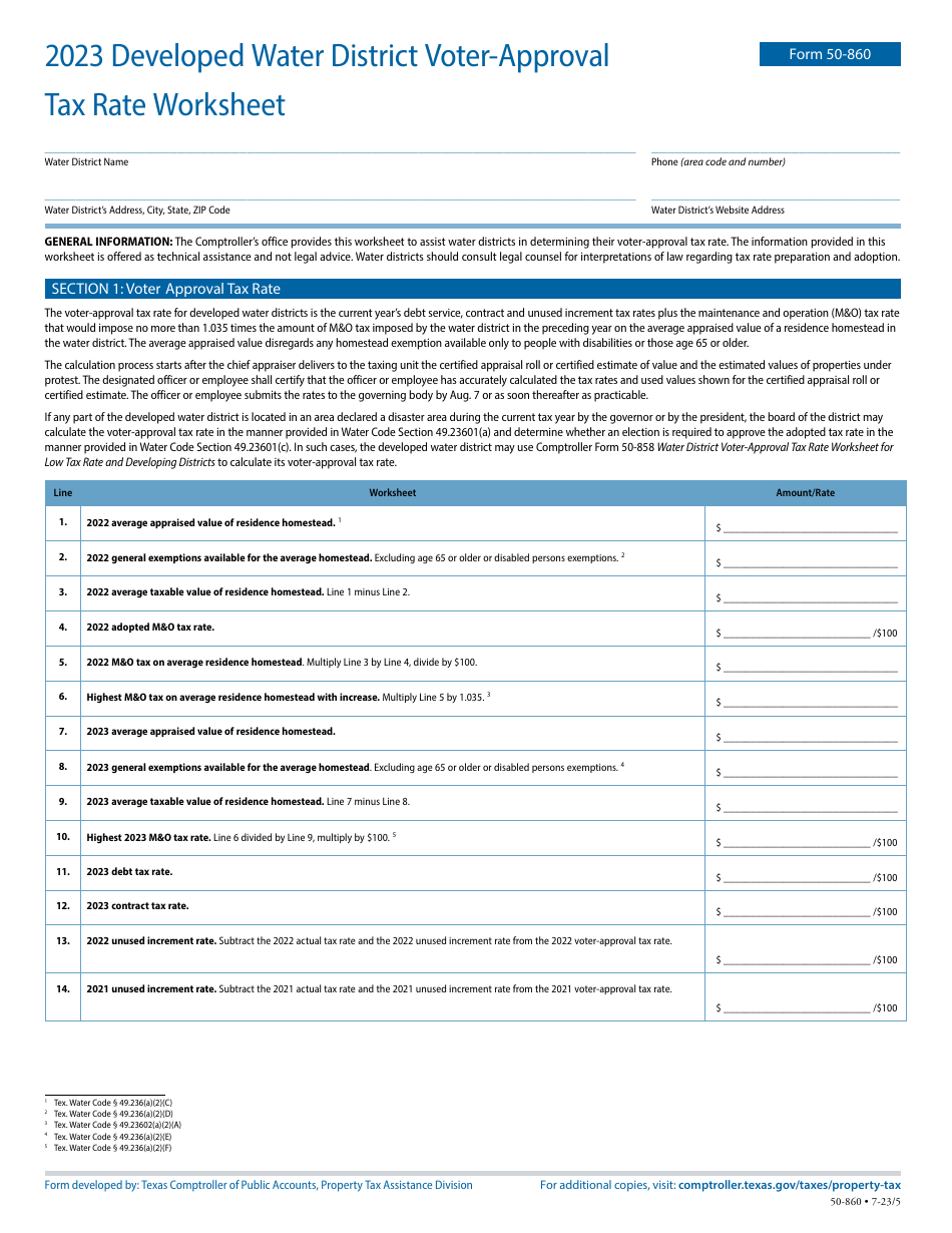Form 50-860 Developed Water District Voter-Approval Tax Rate Worksheet - Texas, Page 1