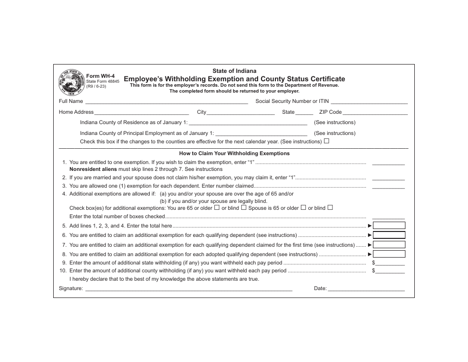 Form WH-4 (State Form 48845) Employees Withholding Exemption and County Status Certificate - Indiana, Page 1