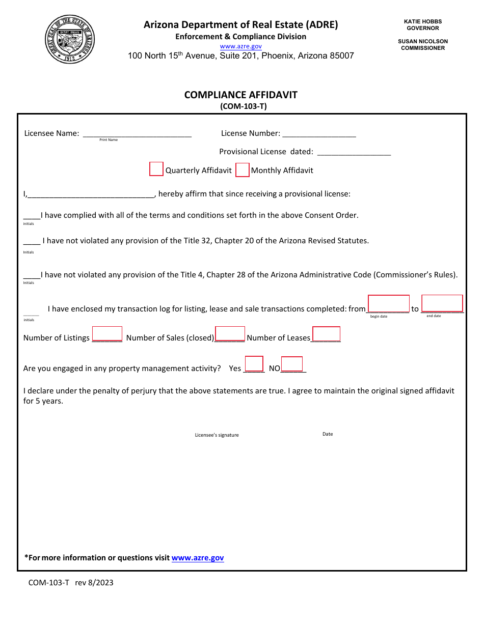 Form COM-103-T Compliance Affidavit - Arizona, Page 1