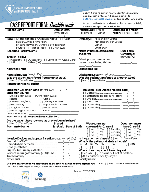 Case Report Form - Candida Auris - Nevada Download Pdf