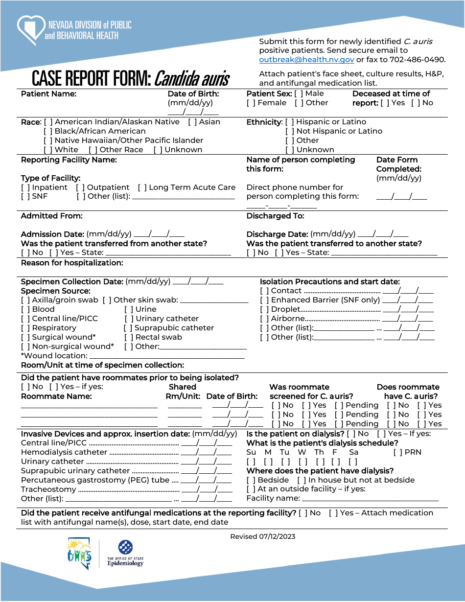 Case Report Form - Candida Auris - Nevada, Page 1