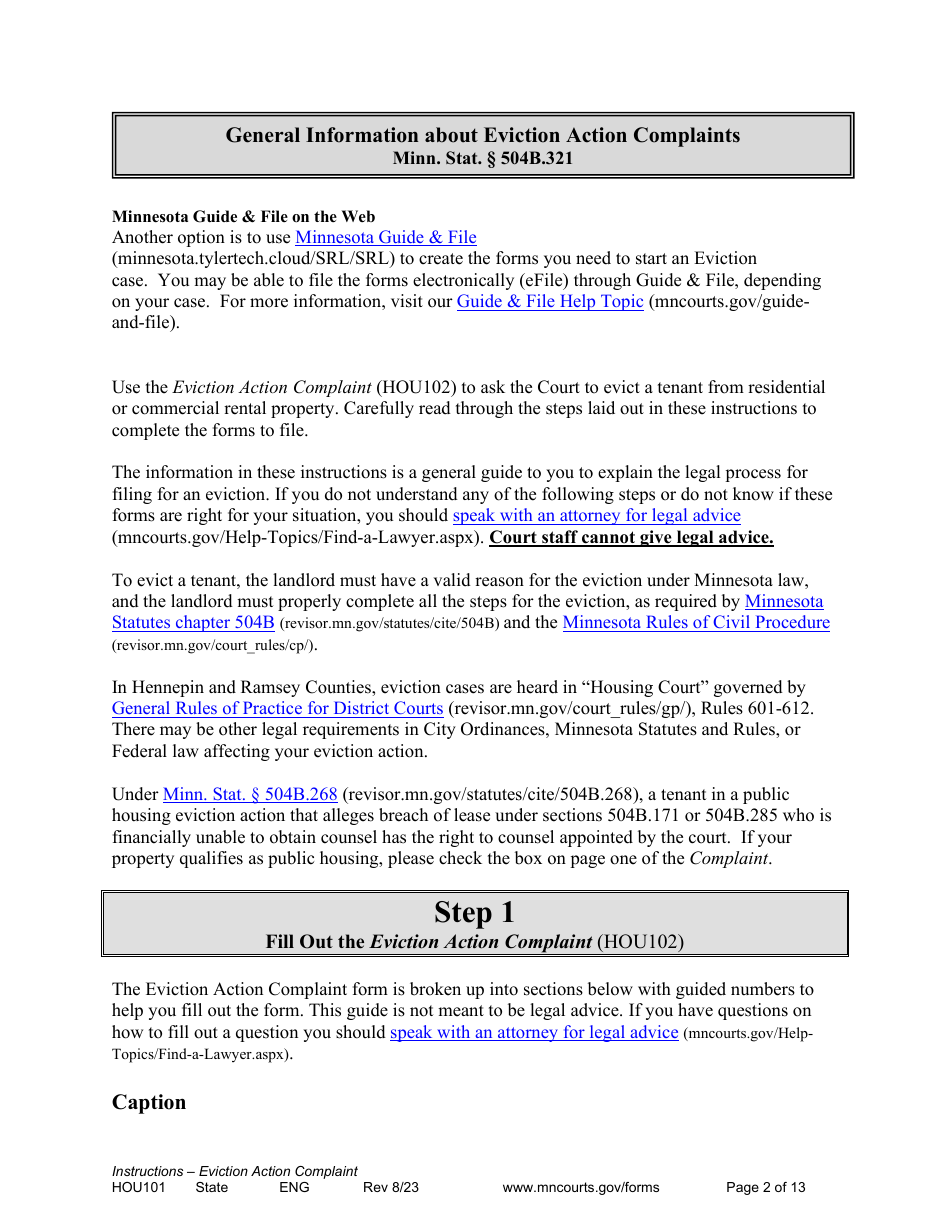 Form HOU101 Instructions - Eviction Action Complaint - Minnesota, Page 2